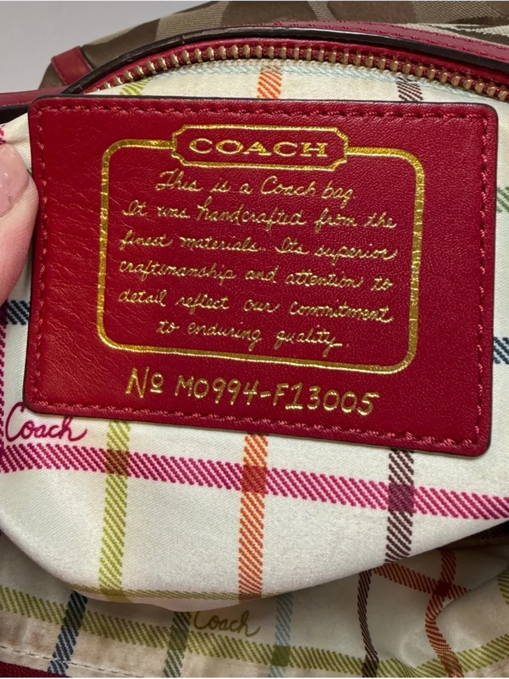 Coach Red Leather & Signature Print Tote with Plaid Interior #13005